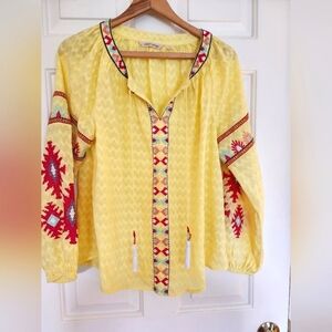Soft surrondings boho  tunic top flowy embroidered cotton lemon drop  sizepsmall